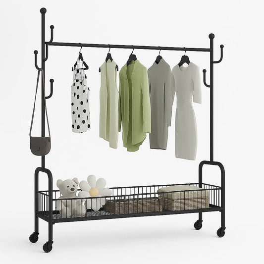 Garment Rack with Bottom Shelves for Storage and Side Hooks with Wheels