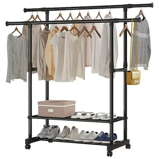 Mobile Clothing Garment Rack with Extensible Rod and Shoes Rack